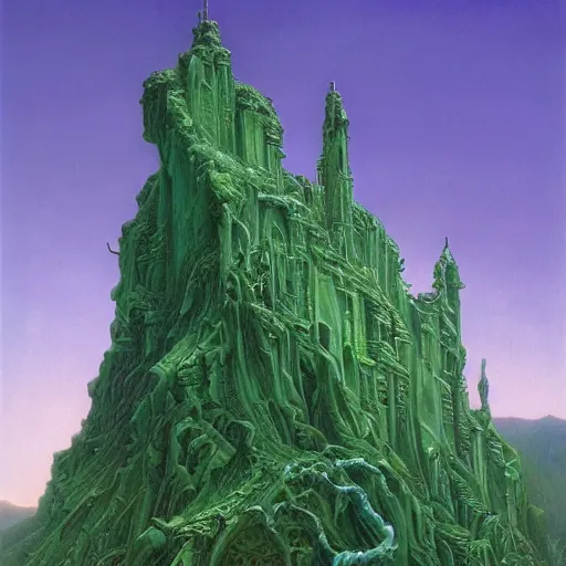 Image similar to an oil painting by michael whelan and donato giancola of a palace made of green, polished, swirling malachite and jade