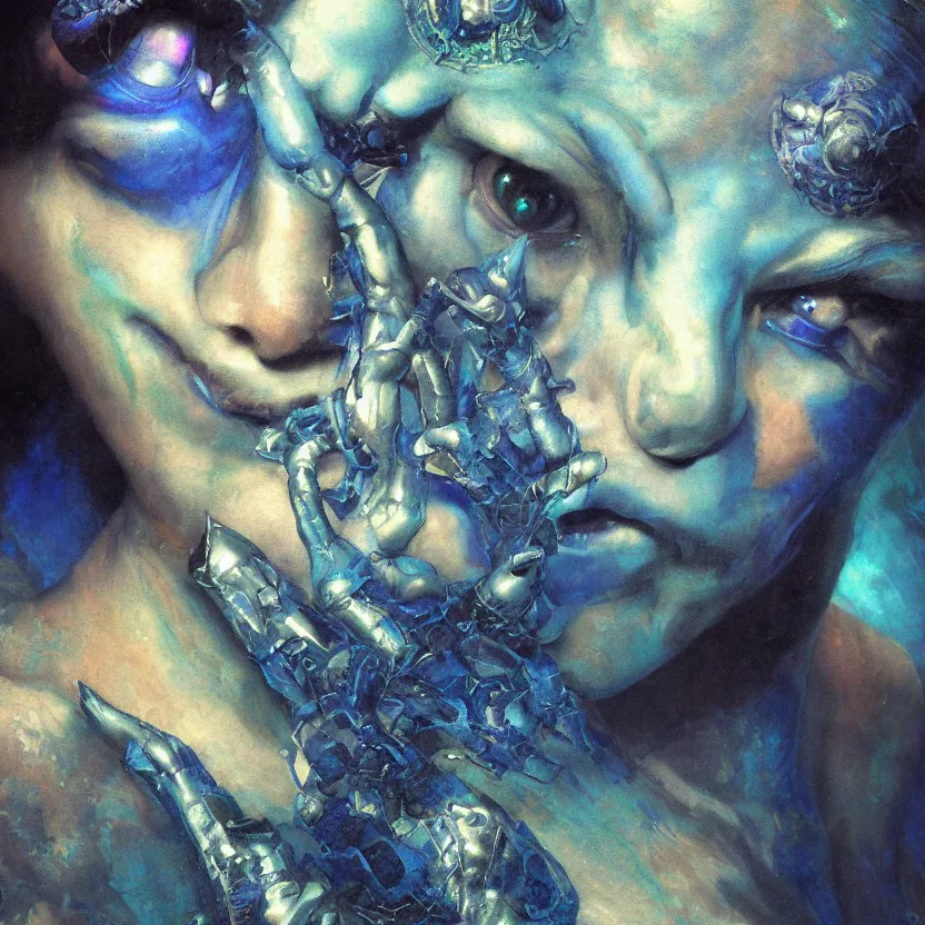 Prompt: neoclassicist renaissance close - up portrait of singularity blue demon seated, with high tech body interface. iridescent textures. highly detailed fantasy science fiction painting. highly detailed fantasy science fiction painting by vrubel and chris cunningham. dark and volumetric. artstation