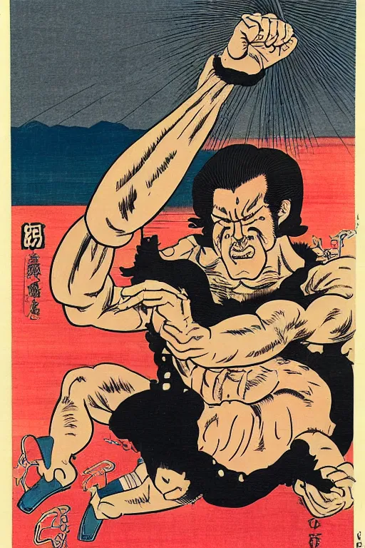 Prompt: antonio inoki crushes a bus with his bare hands, ukiyo - e art by ed roth and basil wolverton ), crisp