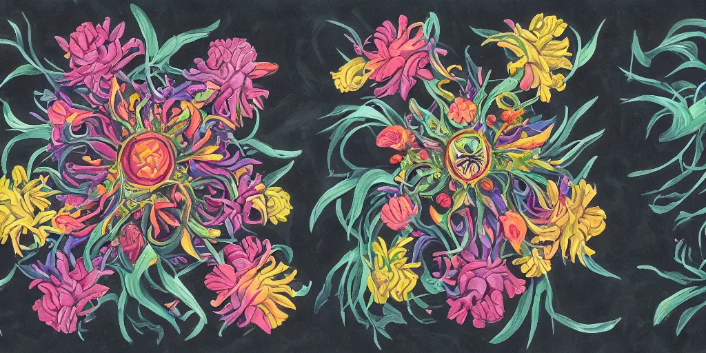 Prompt: full color page scan of unique lovecraftian flower on black background, in gouache detailed paintings, props, stylized, 2 d sprites, kitbash, 8 k, close up