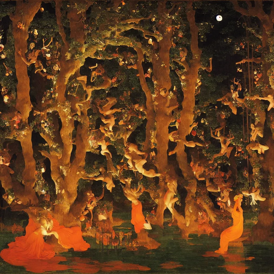 Image similar to a night carnival around a magical tree cavity, with a surreal orange moonlight and fireworks in the background, next to a lake with iridiscent water, christmas lights, folklore animals and people disguised as fantastic creatures in a magical forest by summer night, masterpiece painted by frederic leighton, dark night environment