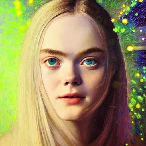 Prompt: portrait of a elle fanning surrounded by green bioluminescent glowing rods of radiation, detailed realism face in painting, detailed beautiful portrait, oil painting masterpiece, 8 k resolution, smooth, sharp focus, trending on artstation, by rembrandt