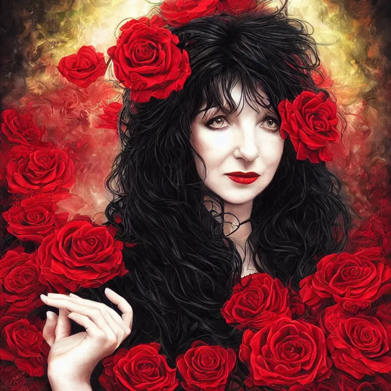 Prompt: portrait of kate bush, lush black hair, pale skin, red rose petals, flowing material, ruffled velvet background, intricate, beautiful cinematic lighting, stuning painting by artgerm and android jones