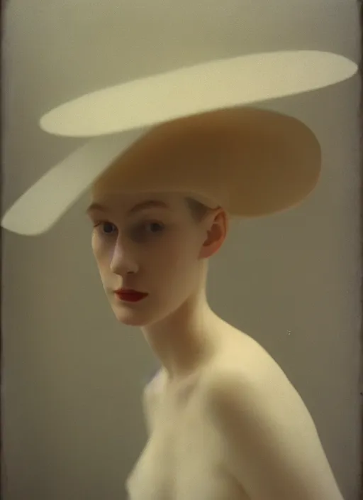 Image similar to out of focus photorealistic portrait of a beautiful pale young woman by sarah moon, very blurry, translucent white skin, closed eyes, foggy, closeup, with a weird hat