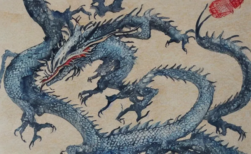 Prompt: Detailed watercolor painting of a dragon made of stone, chinese traditional art