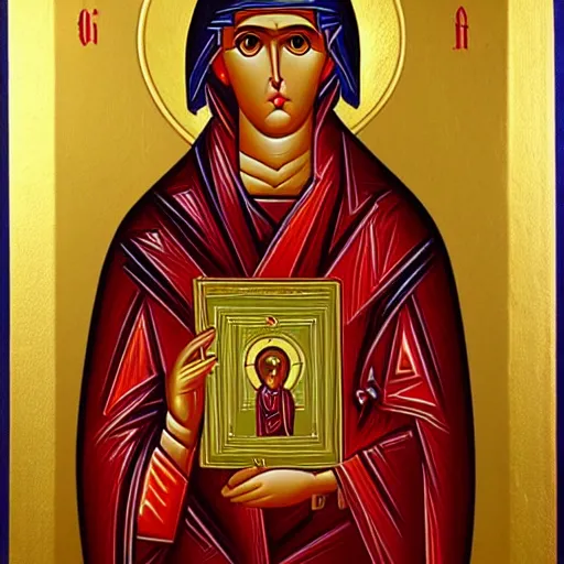 Prompt: an orthodox christian icon of a girl saint with a computer!