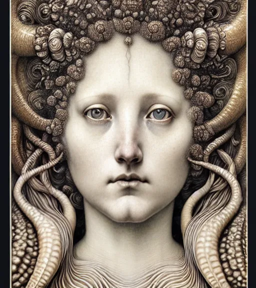 Image similar to detailed realistic beautiful scallop goddess face portrait by jean delville, gustave dore, iris van herpen and marco mazzoni, art forms of nature by ernst haeckel, art nouveau, symbolist, visionary, gothic, neo - gothic, pre - raphaelite, fractal lace, intricate alien botanicals, ai biodiversity, surreality, hyperdetailed ultrasharp octane render