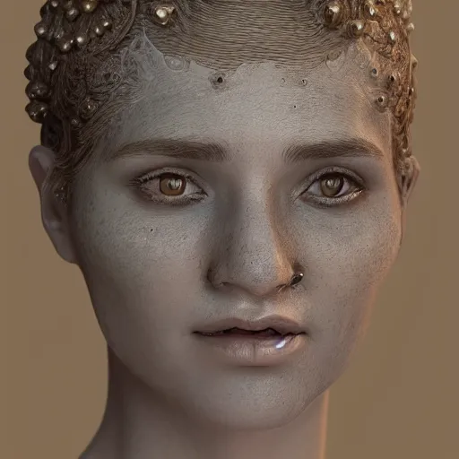 Image similar to beatifull face portrait of a woman, 150 mm, anatomical, flesh, flowers, mandelbrot fractal, facial muscles, veins, arteries, intricate, golden ratio, full frame, microscopic, elegant, highly detailed, ornate, ornament, sculpture, elegant , luxury, beautifully lit, ray trace, unreal, 3d, PBR, in the style of peter Gric , alex grey and Romero Ressendi