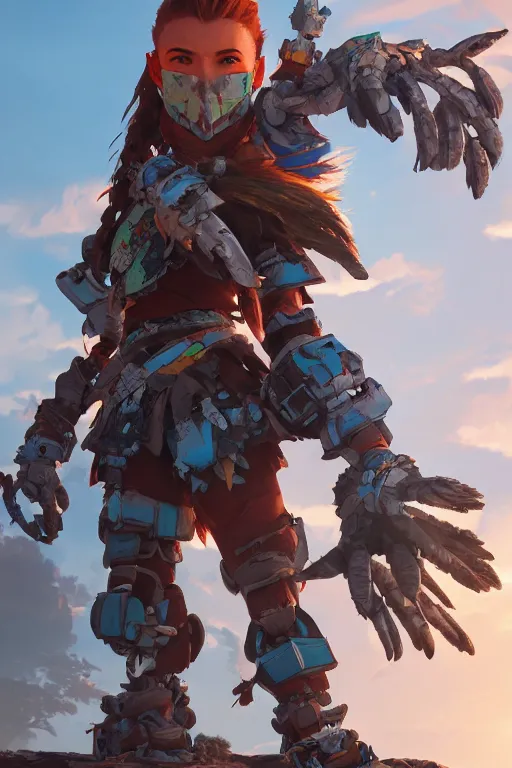 Image similar to combination suit armor aloy horizon forbidden west horizon zero dawn robot ninja mask helmet backpack tribal, aesthetic octane render, 8 k hd resolution, by ilya kuvshinov and cushart krentz and gilleard james radiating a glowing aura cgi rtx 2 0 2 2