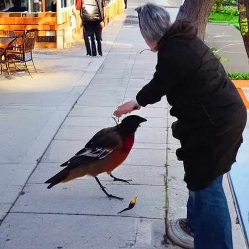 Image similar to bird stealing food from patrons at sidewalk cafe