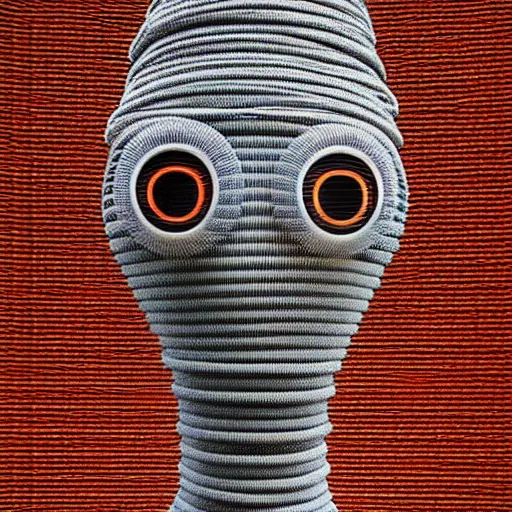 Image similar to portrait photo of a wool sock with giant eyes, face made from thick cyberpunk wires, extremely high details, realistic, by MC Escher and Rene Margitte and victor enrich