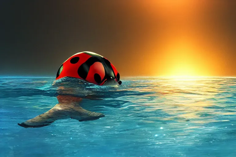 Image similar to ladybird swimming in a pool of water, sunset, evening light, cinematic, fantasy art, trending on artstation, highly detailed, digital painting, volumetric light