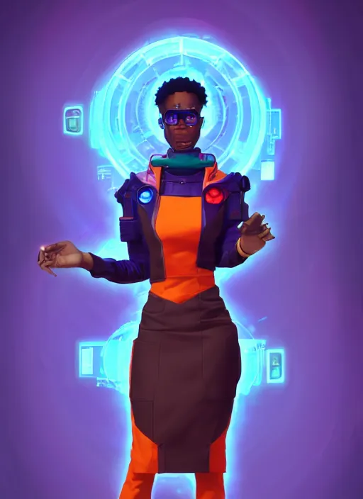 Image similar to afro - futurist engineer in a lab studying holographic schematics + full body | hyperrealistic digital painting by makoto shinkai, ilya kuvshinov, lois van baarle, rossdraws | afrofuturism in the style of hearthstone and overwatch, trending on artstation | orange highlights and complimentary colors