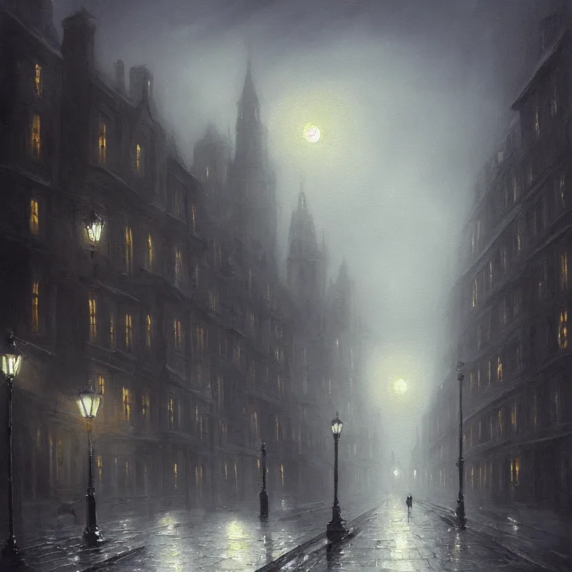 Image similar to beautiful painting of old London street scene spooky dark fog in the moonlight fantasy mystical Sergey Lukashin