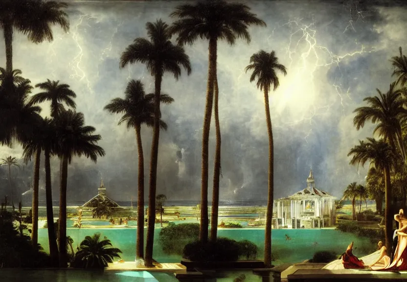 Image similar to Palace floating in the sky, 1km tall, thunderstorm, greek pool, beach and palm trees on the background major arcana sky, by paul delaroche, hyperrealistic 4k uhd, award-winning, very very very detailed