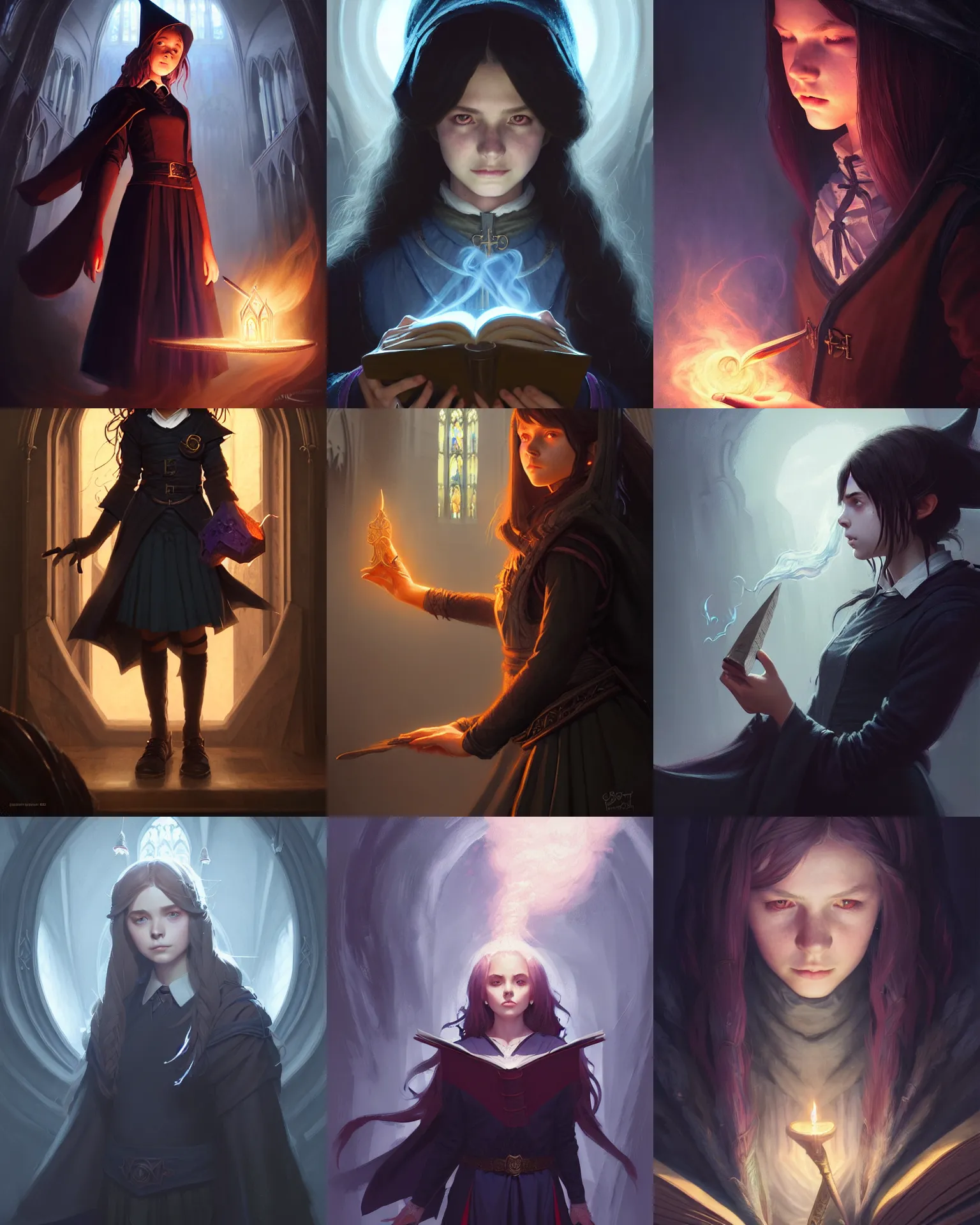 Prompt: Portrait of young teenage female witch sorcerer, D&D fantasy, magic school uniform, large cathedral library dimly lit, wispy smoke, intricate, highly detailed, digital painting, artstation, concept art, sharp focus, illustration, art by Greg Rutkowski and Ross Tran