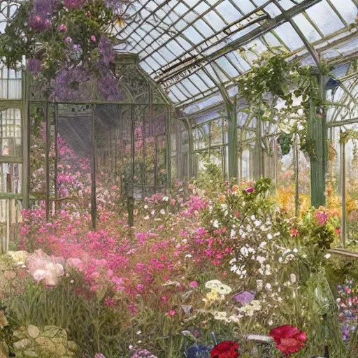 Prompt: a beautifull intricate watercolour painting of a greenhouse with many flowers, reflexions, verry high details by william turner art, greg rutkowski and alphonse mucha, trending on artstation, very very detailed, masterpiece