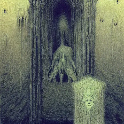 Prompt: spirits whose names they called in terror or welcome, until an angry priest cast a spell on them, art by beksinski and jean delville