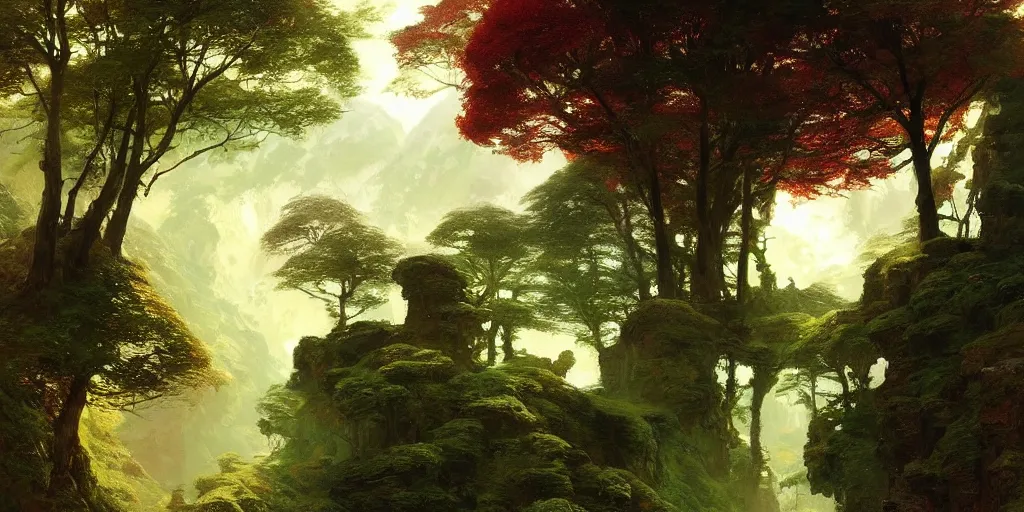 Image similar to beautiful landscape forests mountains rivers red and green leaves many layers waterfalls villages castles, buildings artstation illustration sharp focus sunlit vista painted by ruan jia raymond swanland lawrence alma tadema zdzislaw beksinski norman rockwell tom lovell alex malveda greg staples