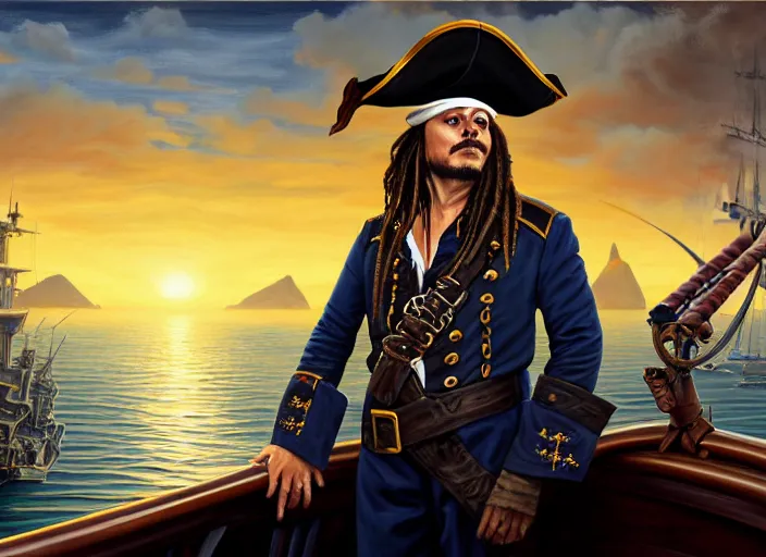 Prompt: highly detailed painting of a sly Elon Musk as a dread pirate captain, proudly posing at the helm of his frigate wearing a pirate hat at sunset, artstation, cinematic lighting, hyperdetailed, cgsociety, 8k, high resolution, insanely detailed and intricate, concept art, smooth, sharp focus, illustration, art by John Collier and Albert Aublet and Krenz Cushart and Artem Demura and Alphonse Mucha, masterpiece