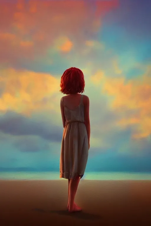 Image similar to closeup giant dahlia flower head, girl standing on beach, surreal photography, blue sky, sunrise, dramatic light, impressionist painting, digital painting, artstation, simon stalenhag