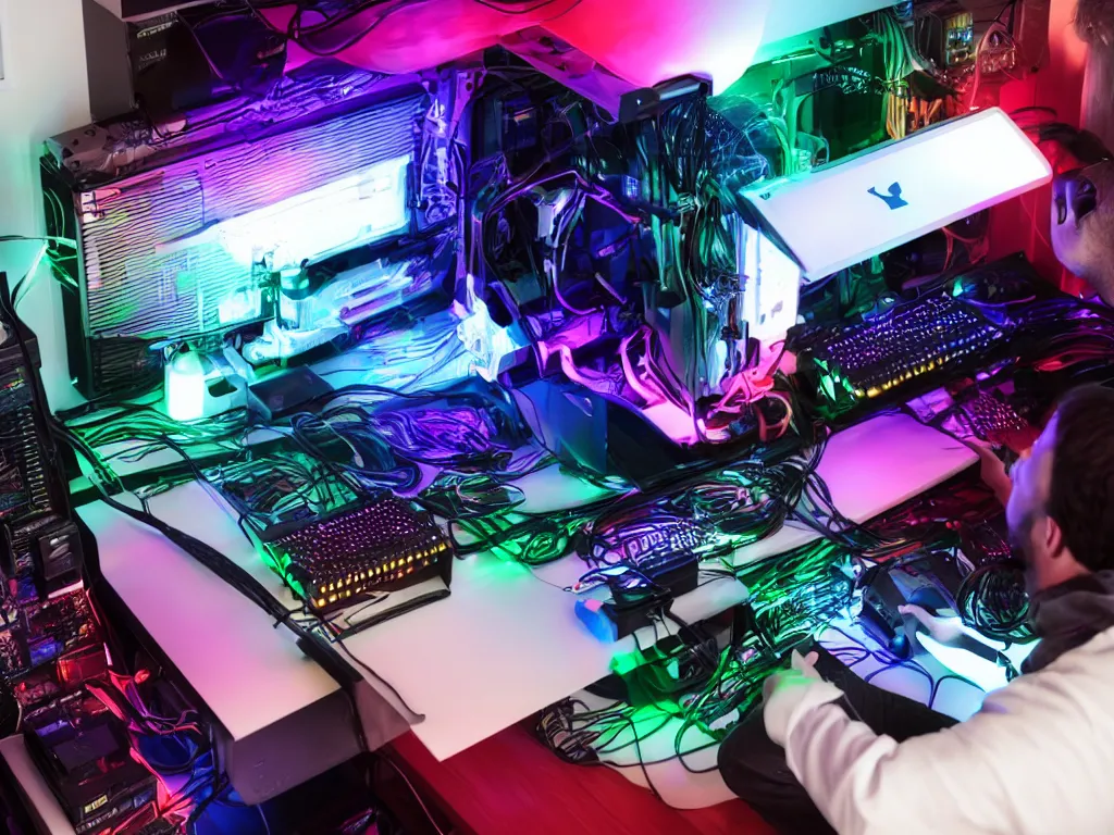 Prompt: in programmers heaven, a person in love with a computer sits in a rgb backlit environment, computer cooling equipment, pc fans, graphic cards, cables