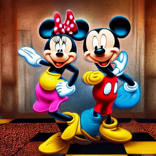 Image similar to minnie and mickey mouse raving in a warehouse highly detailed digital photograph