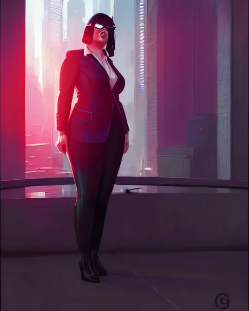 Image similar to cyberpunk corporate woman, overweight | | realistic shaded, fine details, realistic shaded lighting poster by greg rutkowski, diego gisbert llorens, magali villeneuve, artgerm, jeremy lipkin and rob rey