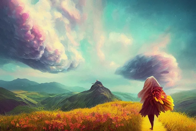 Image similar to giant dahlia flower as a head, girl walking on mountain, surreal photography, stars, dramatic light, impressionist painting, storm clouds, digital painting, artstation, simon stalenhag