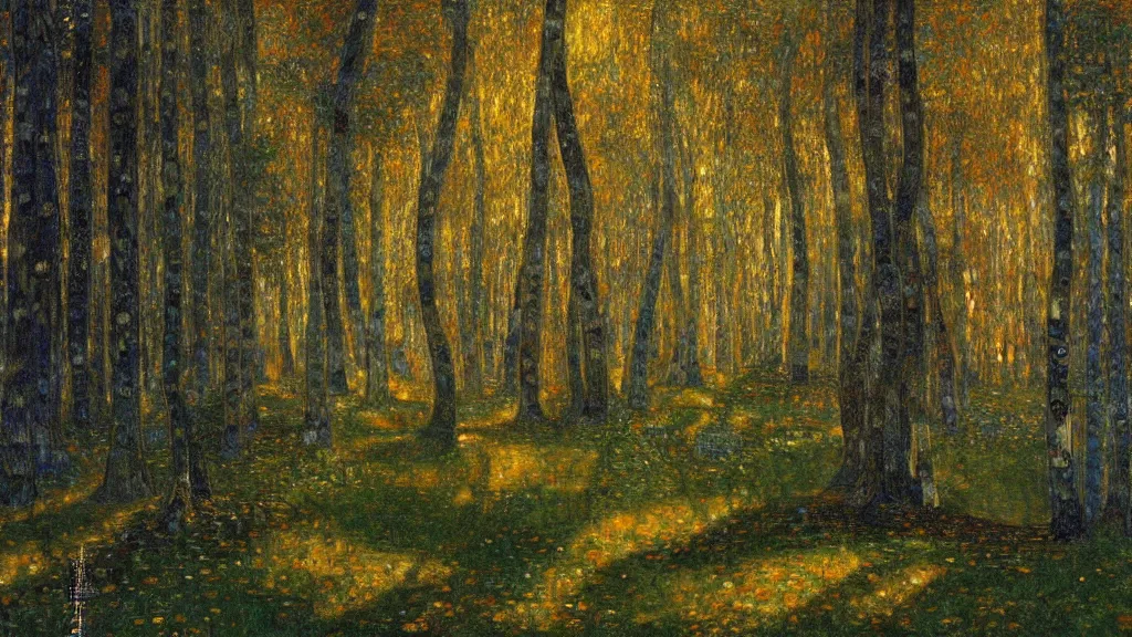 Prompt: A Gustav Klimt oil painting of a hauntingly beautiful elven forest in the morning; rays of light coming through the canopy; trending on artstation; extraordinary masterpiece!!!!!!; 8k