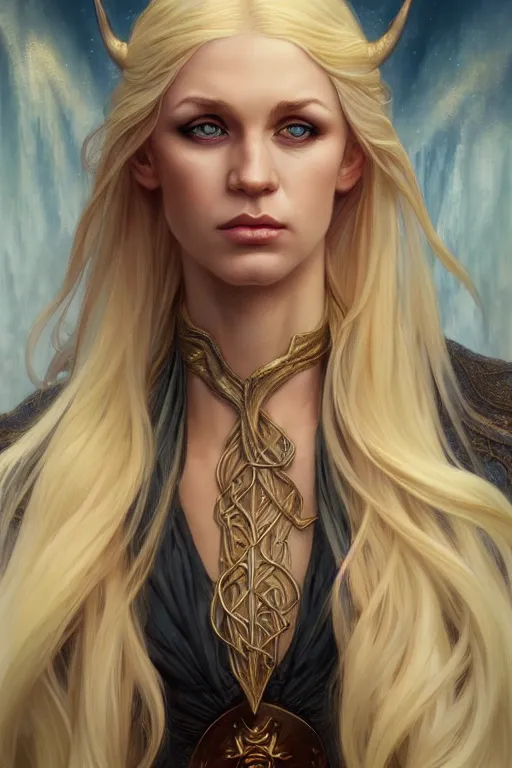 Image similar to portrait of a blonde elven mage, dark, piercing eyes, gentle expression, elegant clothing, photorealistic, highly detailed, artstation, smooth, sharp focus, art by michael whelan, artgerm, greg rutkowski and alphonse mucha