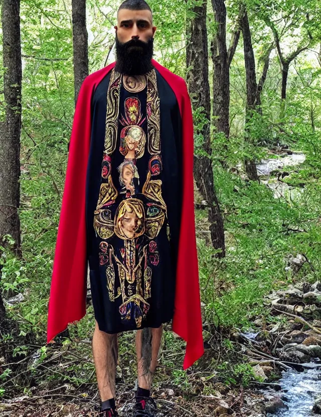 Prompt: full body shot longshot modern intricate textile ancient greek himation pallium cloak shaved head full beard walking along the small creek in the woods versace gucci
