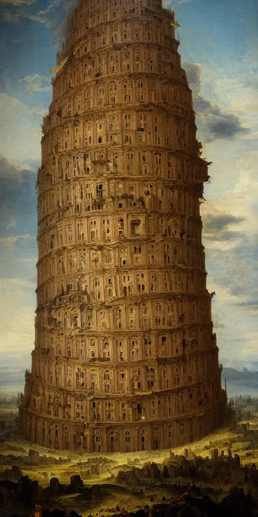 Prompt: baroque oil painting of : the elaborate ornate “ tower of babel ” is extremely tall and rises high above the mountains and the clouds all the way to heaven with golden rays of sunlight. photorealistic historical art with many small details ; heavenly ; majestic ; glorious ; beautiful.