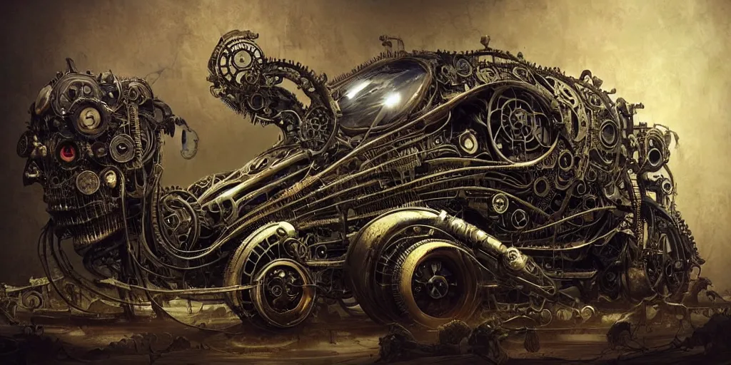 Image similar to biomechanical steampunk vehicle reminiscent of fast sportscar with robotic parts and (glowing) headlights parked in ancient lush palace, gothic and baroque, brutalist architecture, ultradetailed, creepy ambiance, fog, artgerm, giger, Intricate by Ellen Jewett and Josan Gonzalez and Giuseppe Arcimboldo