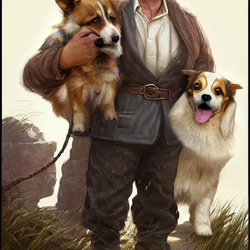 Image similar to portrait of a old, ruggedly handsome man holding a corgi dog, soft hair, muscular, half body, cloth, hairy, d & d, fantasy, intricate, elegant, highly detailed, digital painting, artstation, concept art, smooth, sharp focus, illustration, art by artgerm and greg rutkowski and alphonse mucha