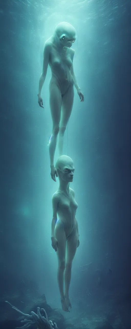Image similar to ultra realistic horror photo of a dimly lit translucent female alien creature underwater, very intricate details, focus, full frame image, curvy, model pose, artwork by tooth wu and wlop and beeple and greg rutkowski, award winning
