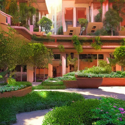 Prompt: photo, detailed graphic illustration of italian village courtyard designed by by frank lloyd wright architect, plants and trees, bill sienkiewicz, plants trail from balconies, parrots fly, abstract geometric mirrored sculptures, sunset, waterfalls, parrots, 3 d architectural model, octane render