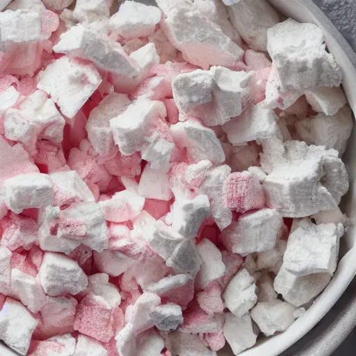 Image similar to white pink unjustifiable food chunks in styrofoam bowl,