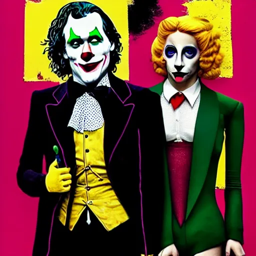 Image similar to ilya yefimovich repin and mimmo rottela and banksy as joaquin phoenix skinny joker, holding lady gaga harley queen hand, ultra photorealistic, intricate details, pop art style, concept art, confident posse, justify content center, 2 colours, warm color, 4 k, ultra smooth, sharp focus, perfect models