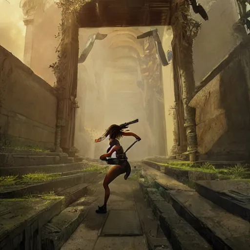 Prompt: lara croft stealing a catalytic convertor, that is on a trapped pedastal, from inside a temple, temple run, painted by greg rutkowski