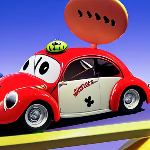 Prompt: close - up sports shot of a hybrid'herbie the love bug'race car and a real lady bug. it's a nice night at the drive - in diner. imax, 7 0 mm, movie still