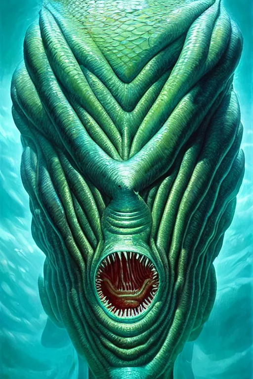 Image similar to hyperrealistic close-up surrealism underwater creature monster!! highly detailed concept art eric zener elson peter cinematic hard green lighting high angle hd 8k sharp shallow depth of field, inspired by David Paul Cronenberg and Zdzisław Beksiński