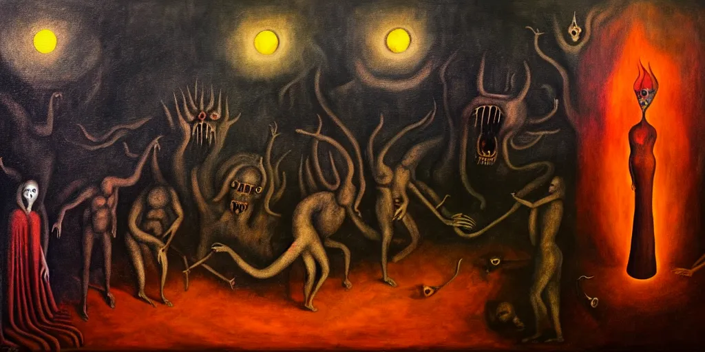 Image similar to trapped on a hedonic treadmill, dark uncanny surreal painting by leonora carrington, dramatic lighting from fire glow, mouth of hell, ixions wheel