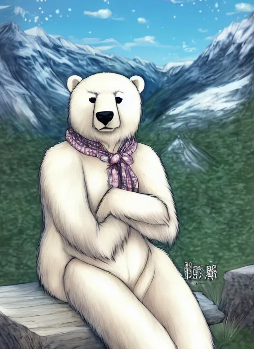 Prompt: award winning beautiful portrait commission art of a female male furry anthro polar bear fursona with a cute beautiful attractive detailed furry face wearing a summer dress at a mountain cabin. Kemono Character design by Dangan, Kishibe. detailed, inked, manga