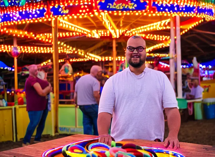 Image similar to photo still of sinbad at the county fair!!!!!!!! at age 3 6 years old 3 6 years of age!!!!!!!! playing ring toss, 8 k, 8 5 mm f 1. 8, studio lighting, rim light, right side key light