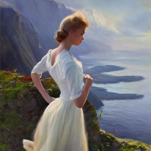 Image similar to beautiful 1950s blonde standing on top of Norwegian fjord, morning, atmospheric, dreamy, painting by Vladimir Volegov