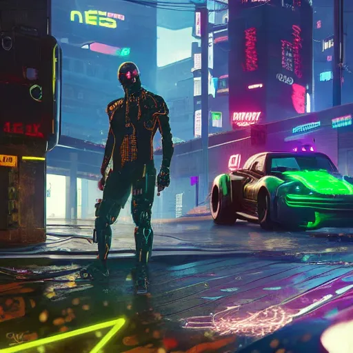 Prompt: cyborg cybernetic pepe frog makes appearance in Cyberpunk 2077. CP2077. 3840 x 2160