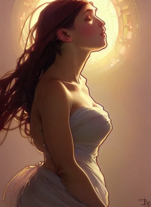 Image similar to digital character concept art by artgerm and greg rutkowski and alphonse mucha. clear portrait of a modern young wife blessed by god to unstoppably grow more perfect and fertile!! blonde, in clothes! holy full - figured! light effect. hyper detailed, glowing lights!! intricate, elegant, digital painting, artstation, smooth, sharp focus
