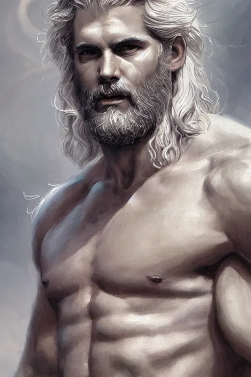 Prompt: painted portrait of zeus, god of thunder, greek god, white hair, masculine, mature, handsome, upper body, flowy robe, muscular, hairy torso, fantasy, intricate, elegant, highly detailed, digital painting, artstation, concept art, smooth, sharp focus, illustration, art by gaston bussiere and greg rutkowski