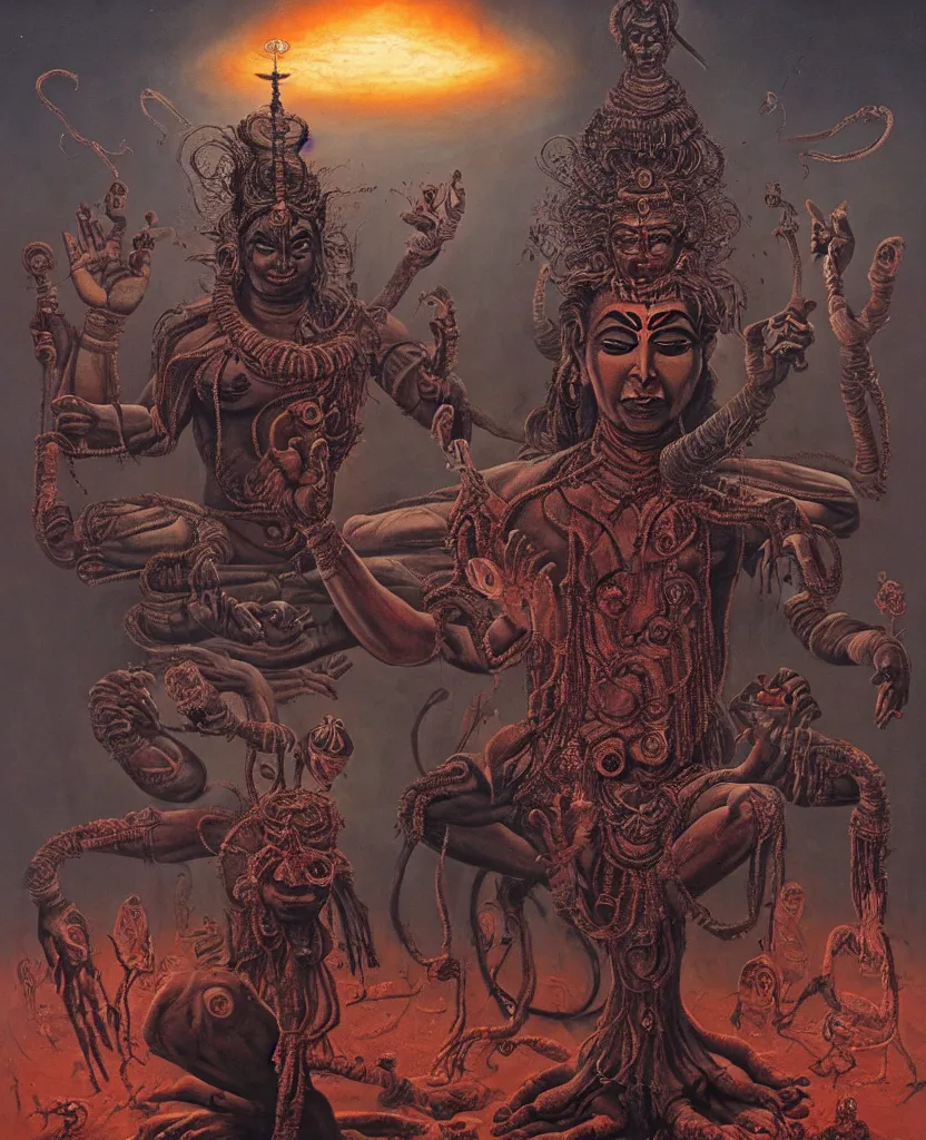 Prompt: One many-armed Shiva. Against the backdrop of a nuclear explosion. Dark colors, high detail, hyperrealism, horror art, masterpiece, close-up, zoom, body-horror, ceremonial portrait, representative portrait, solo, macrophoto, art by Greg Broadmore, Esao Andrews, Beksinski